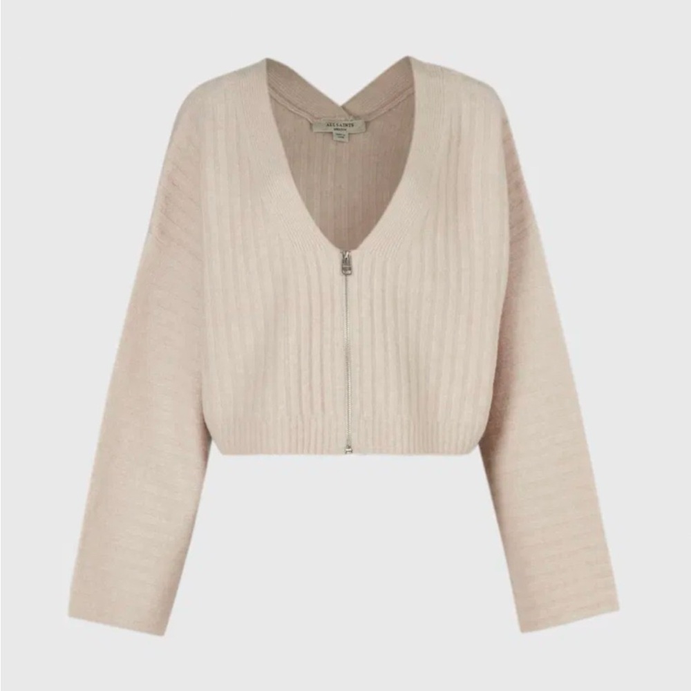 All Saints Enya Ribbed Zip Cardigan V-Neck Sweater